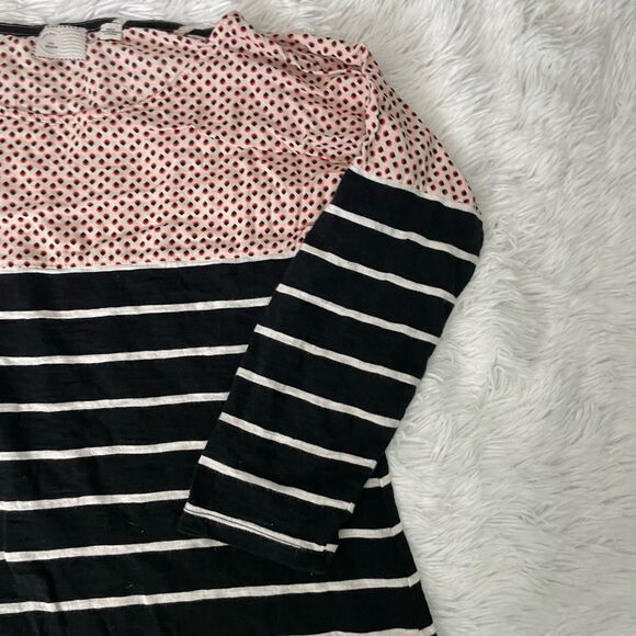 Anthropologie Pink Polka Dot and Black Striped Long Sleeve Top - Picture 2 of 4